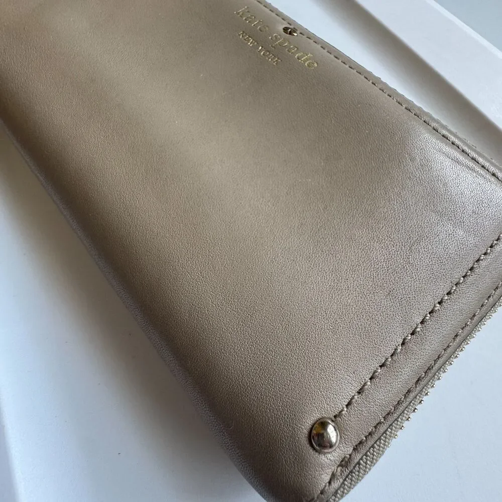 Kate Spade Zip Around Smooth Leather Wallet Gold Hardware Rivets Taupe Beige